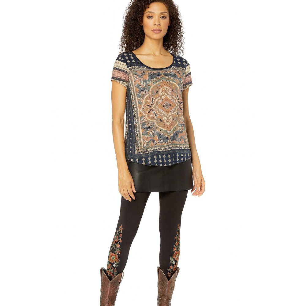 Lucky Brand Women's 2X Short Sleeve Top,‎ Medallion Tile Print, Relaxed Fit